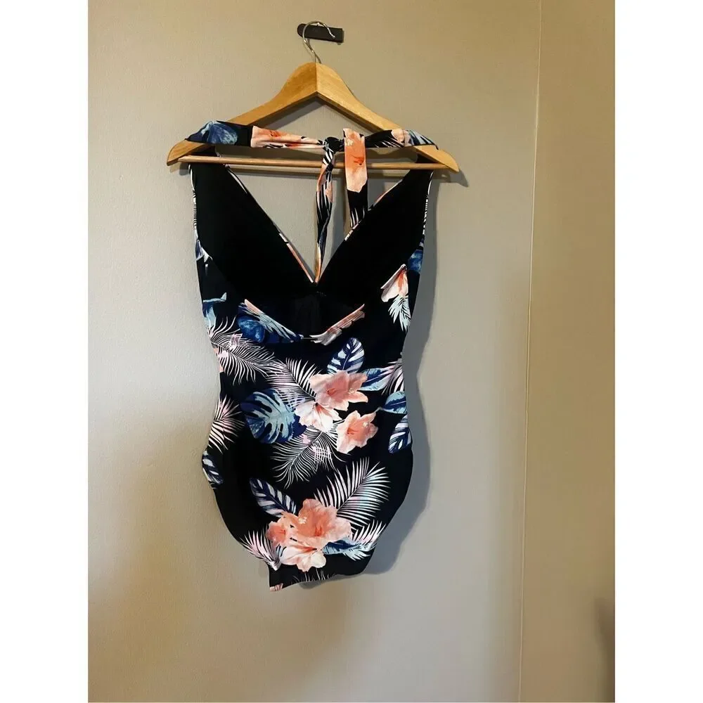 DKNY Women’s Size Large One Piece Tummy Control Halter Swimsuit Black Floral - Picture 6 of 7